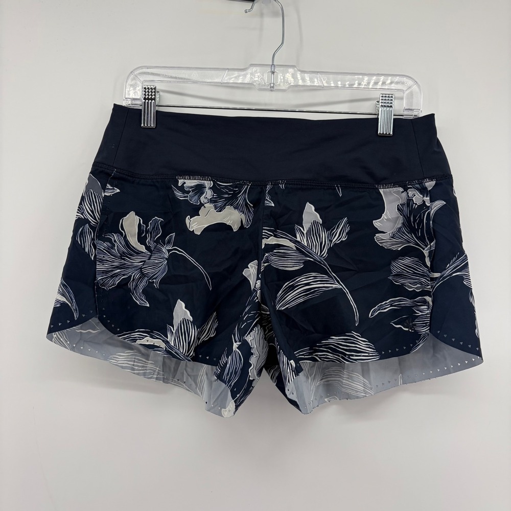 Athleta Womens Small Navy Floral Running Shorts Zip Pocket Activewear 4" Inseam